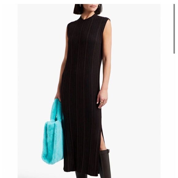 Naadam Striped Ribbed Silk Cashmere Blend Midi Dress Chocolate Brown Size Large - Picture 1 of 6